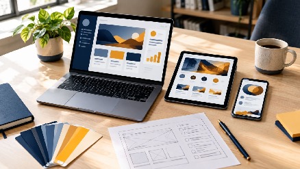 Laptop, tablet and phone showing marketing dashboards beside brand colour swatches on a desk