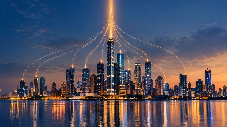 Mumbai skyline at dusk with glowing lines of growth rising from the buildings