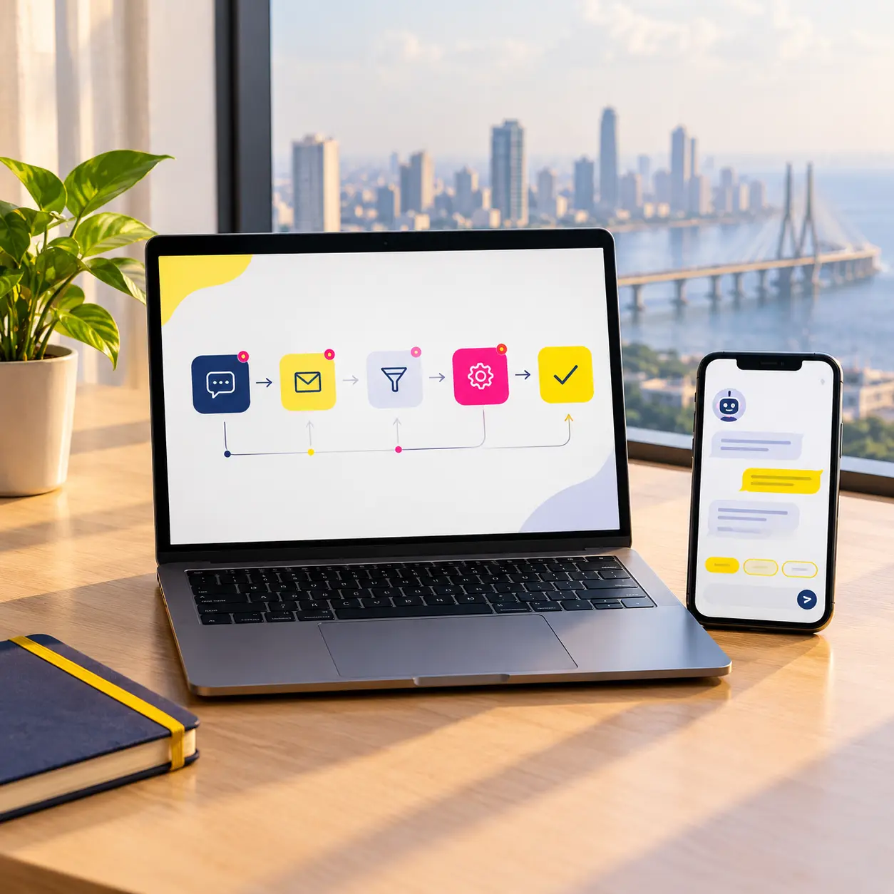 Laptop showing an automation workflow beside a phone with a chatbot conversation
