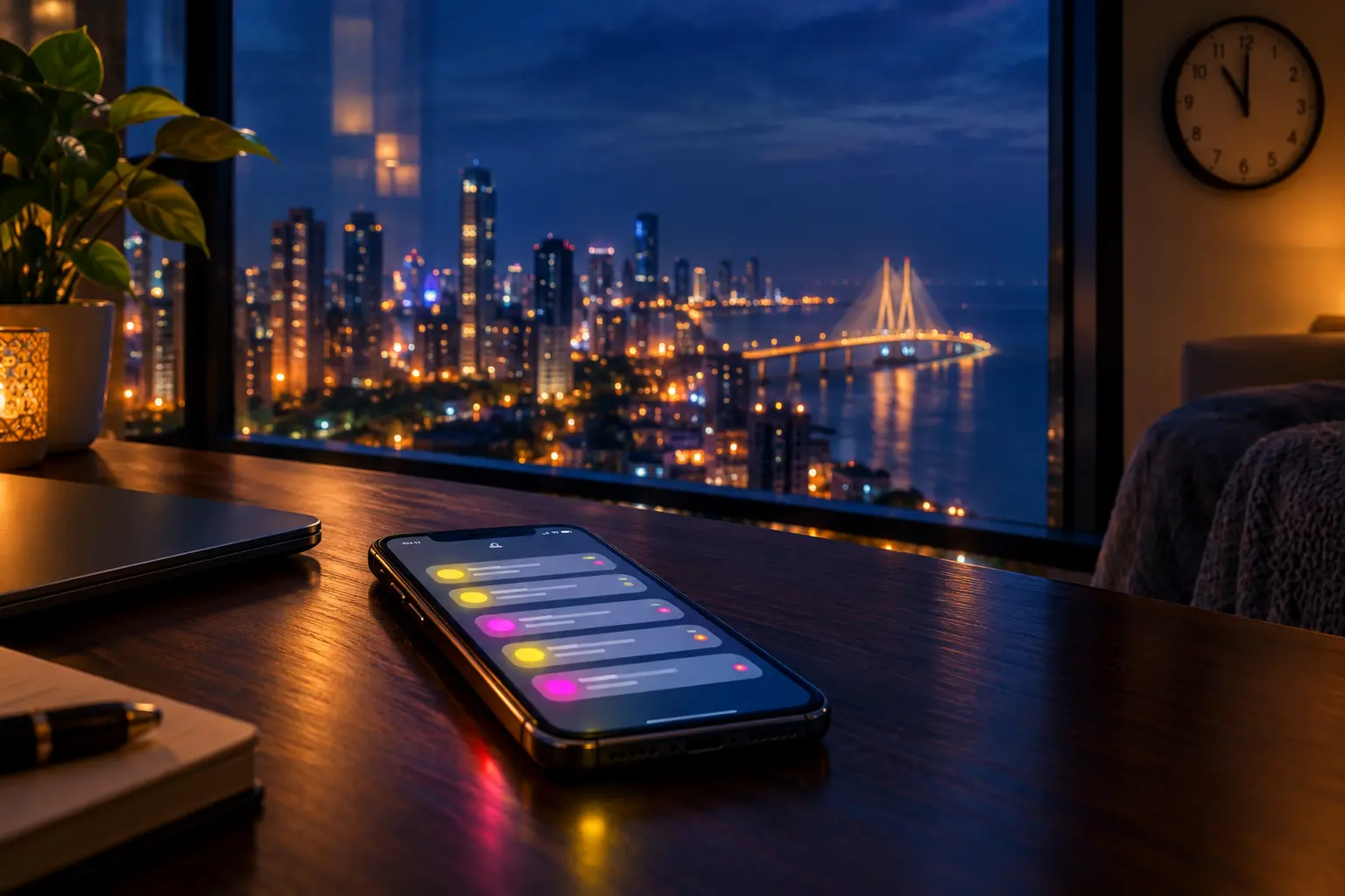Smartphone glowing with unread notifications on a desk at night, with the Mumbai skyline behind