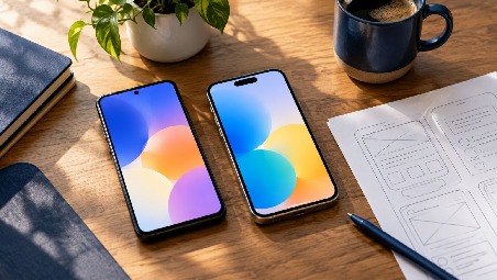 Two smartphones with app screens on a desk beside wireframe sketches