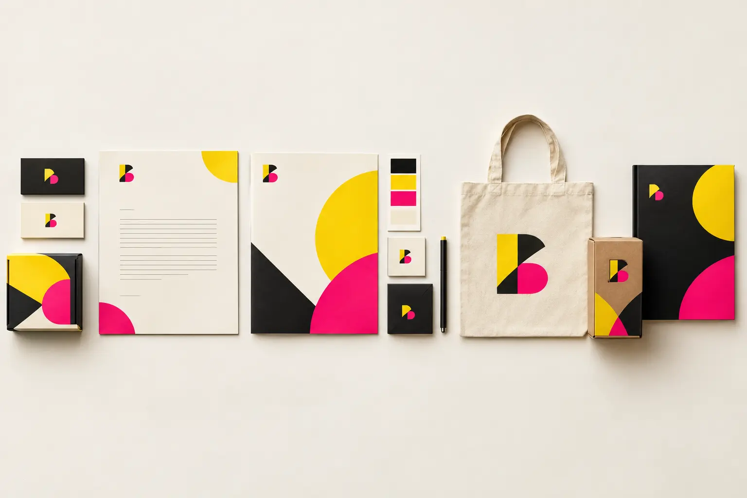 Flat lay of business cards, brochure, packaging and colour swatches sharing one brand identity