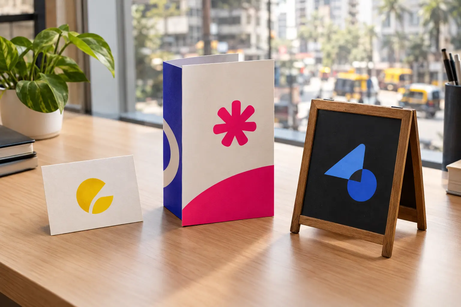 Business card, brochure and shop signage on a table, each with a different logo style