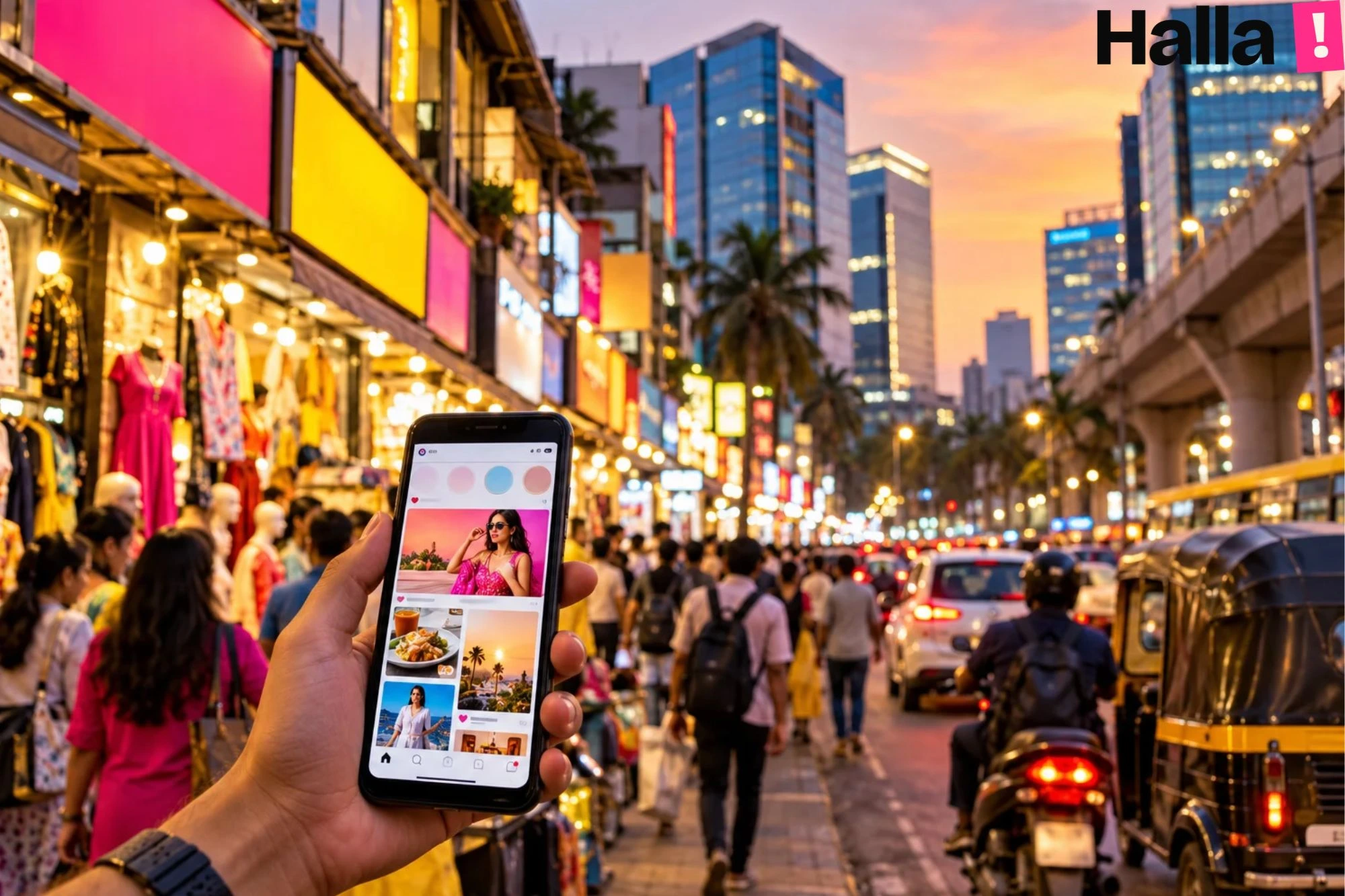 Busy Andheri street at dusk with crowded shop signs, office towers and a phone showing social media ads in the foreground