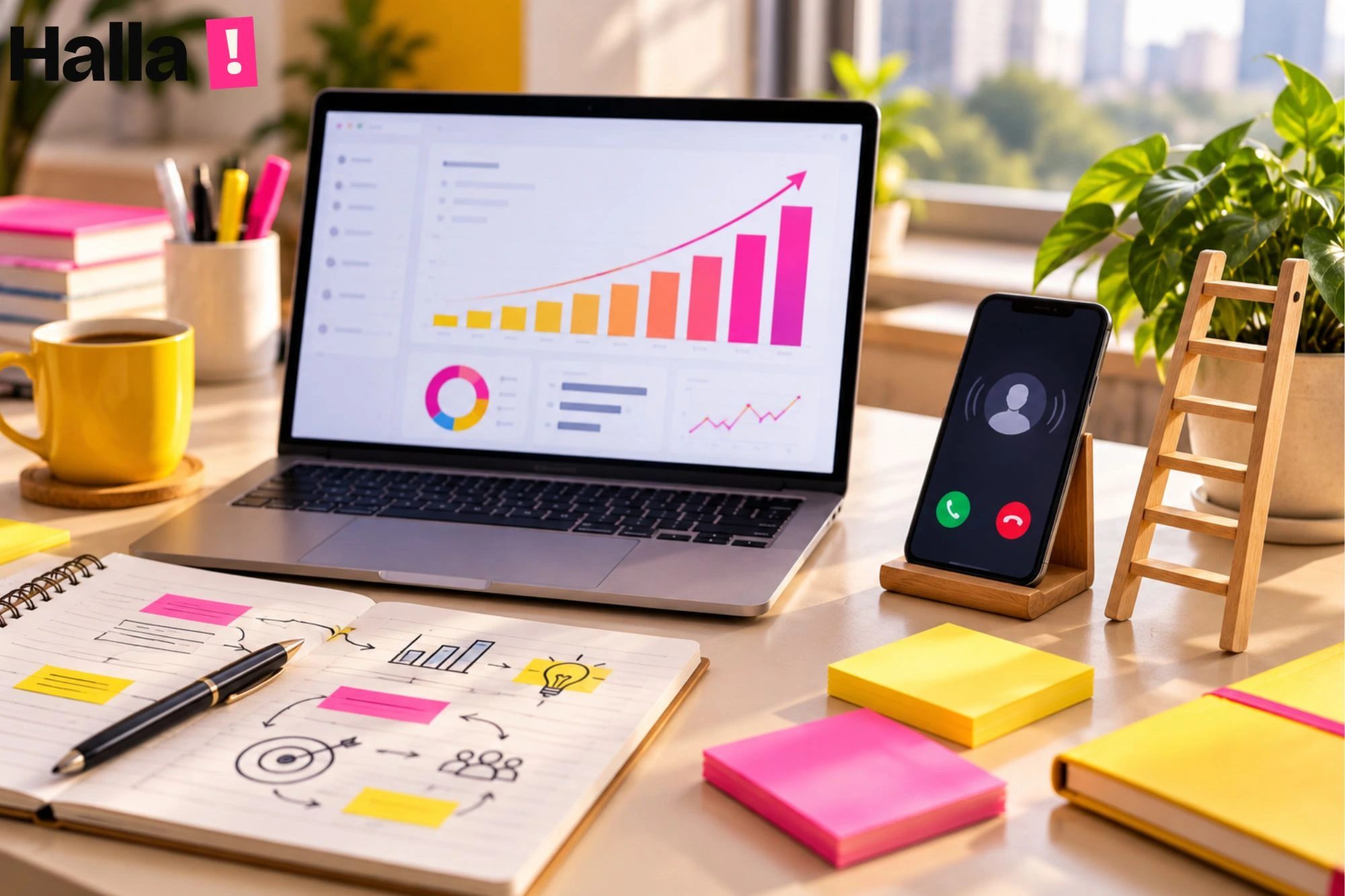 Laptop showing a rising lead chart next to a notebook with a campaign plan, a phone with a call notification and a small ladder model on a desk