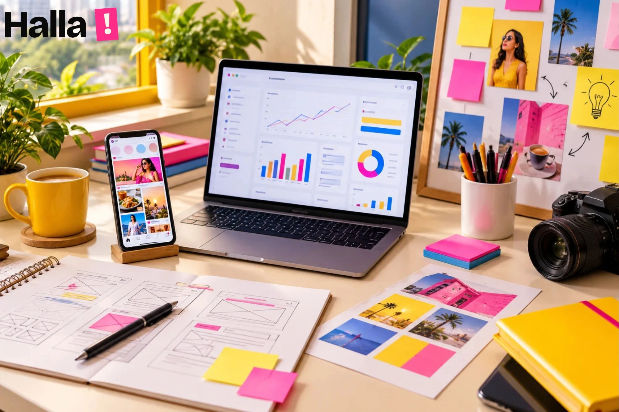 Studio desk with a laptop showing a marketing dashboard, a phone with a social feed, a sketched website layout and a small ad campaign board