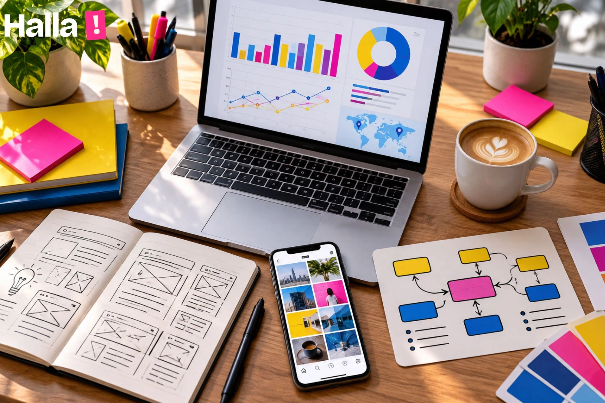 Studio desk with a laptop showing a marketing dashboard, a phone with a social feed, a sketched website layout and a small ad campaign board