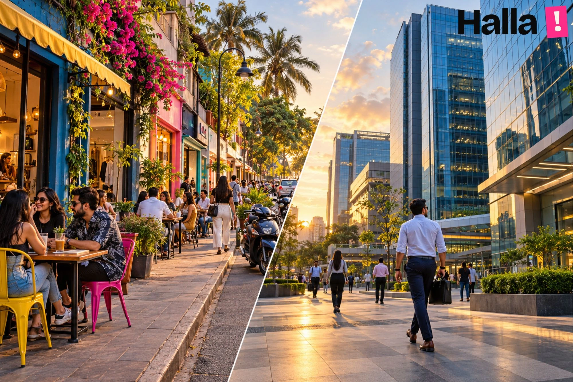 Split view of a lively Bandra cafe lane on one side and the glass towers of Bandra Kurla Complex on the other, joined by a diagonal edge