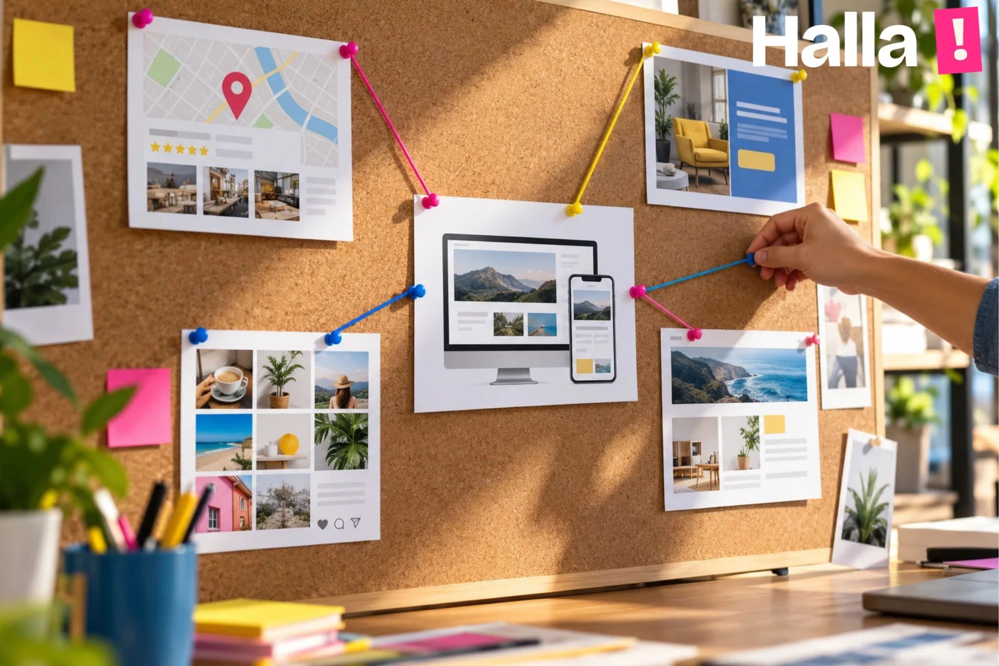 Pinboard in a marketing studio where a Google listing, an ad, a social post and a website page are connected by bright coloured string to one central card