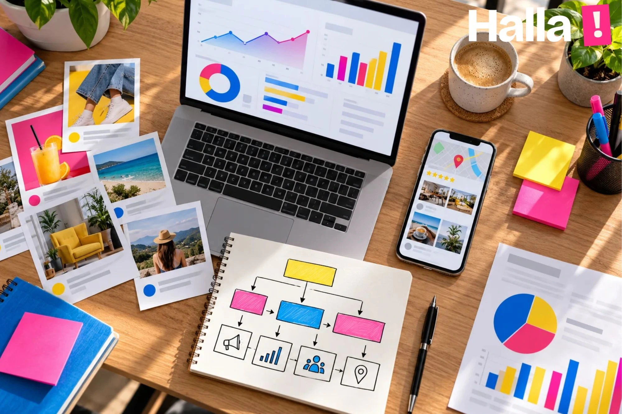 Marketing studio desk with a laptop showing an analytics dashboard, a phone showing a map listing and a social feed, printed ad creatives and a small campaign board