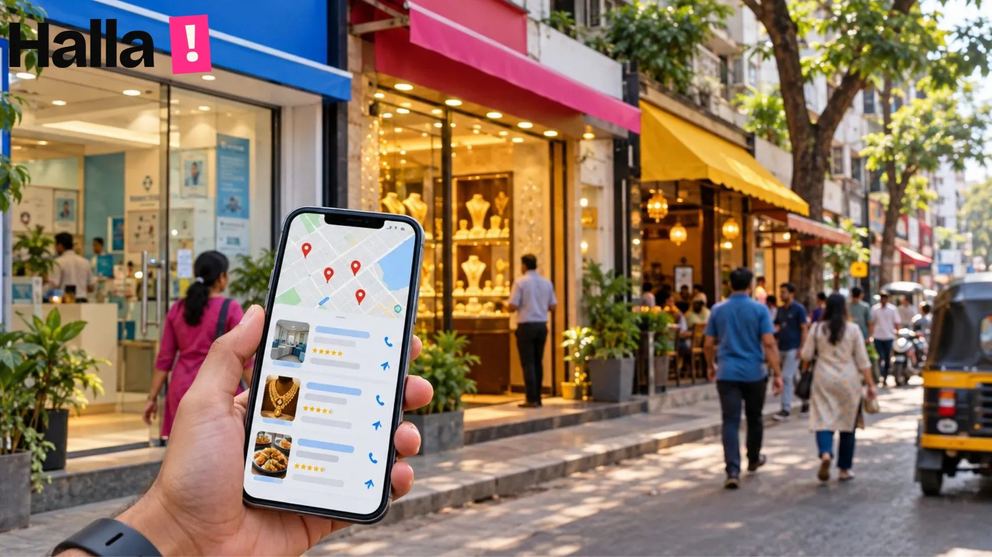 Busy Chembur street with clinic, jeweller and restaurant shopfronts and a person holding a phone showing search results and map pins