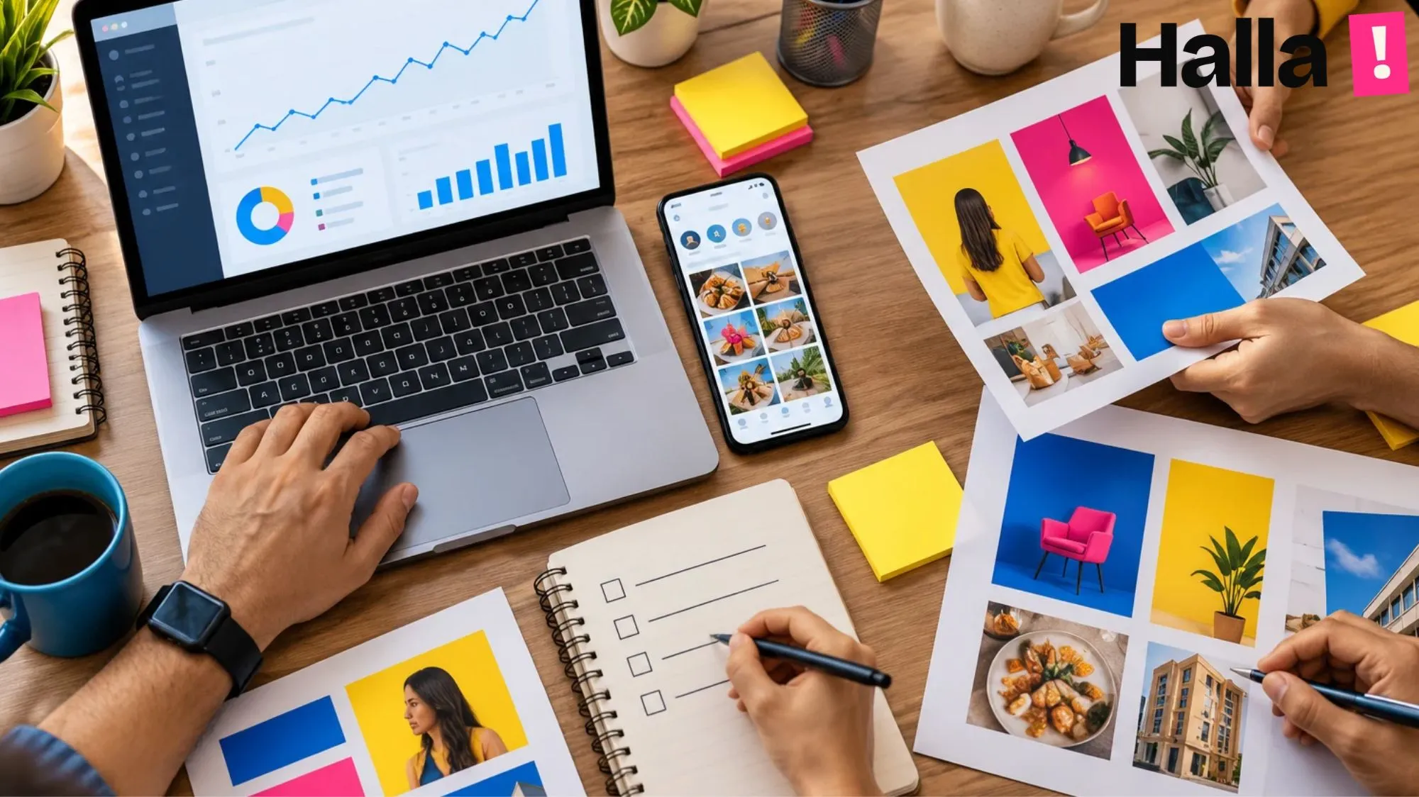 Marketing desk with a laptop showing a performance chart, a phone with a social feed, printed ad layouts and a notebook with a search checklist