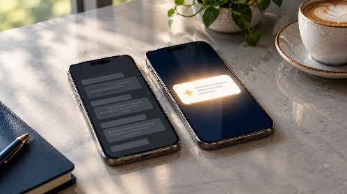 Two smartphones on a desk, one showing a glowing highlighted answer card