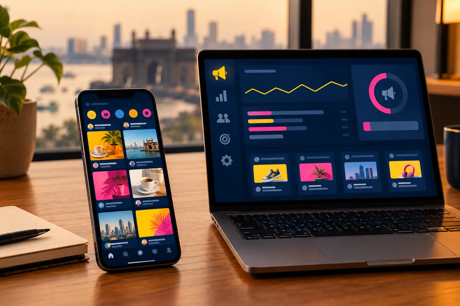 Smartphone with a social feed beside a laptop showing an ads dashboard with flat results