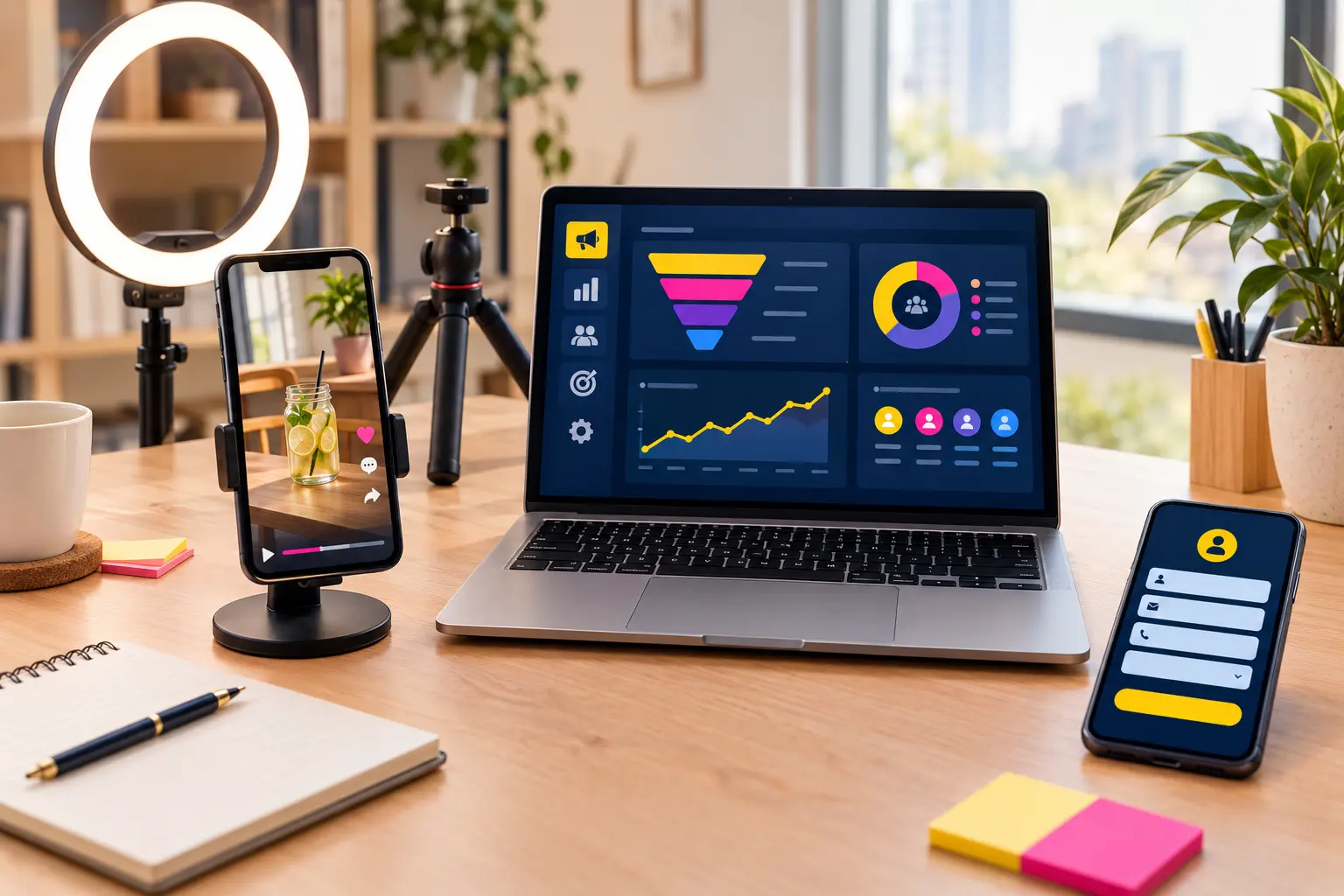Creator desk with a phone showing short vertical video, a ring light and a laptop with an ads dashboard