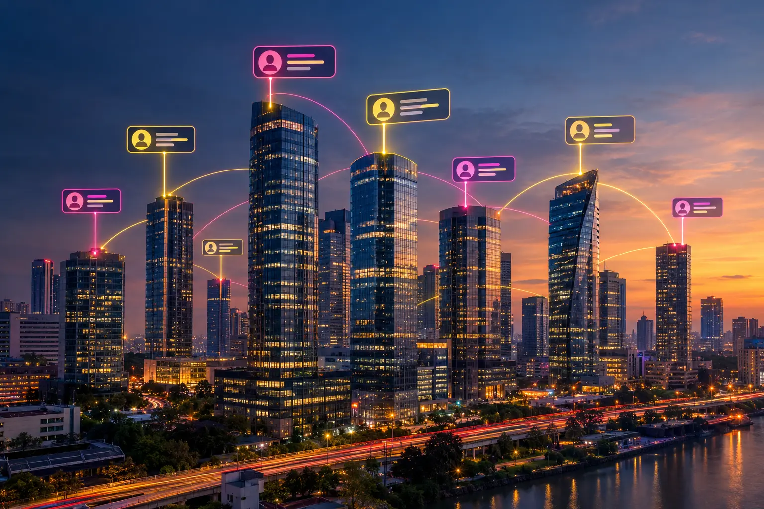 Mumbai commercial towers at dusk with glowing lines linking them to floating professional profile cards