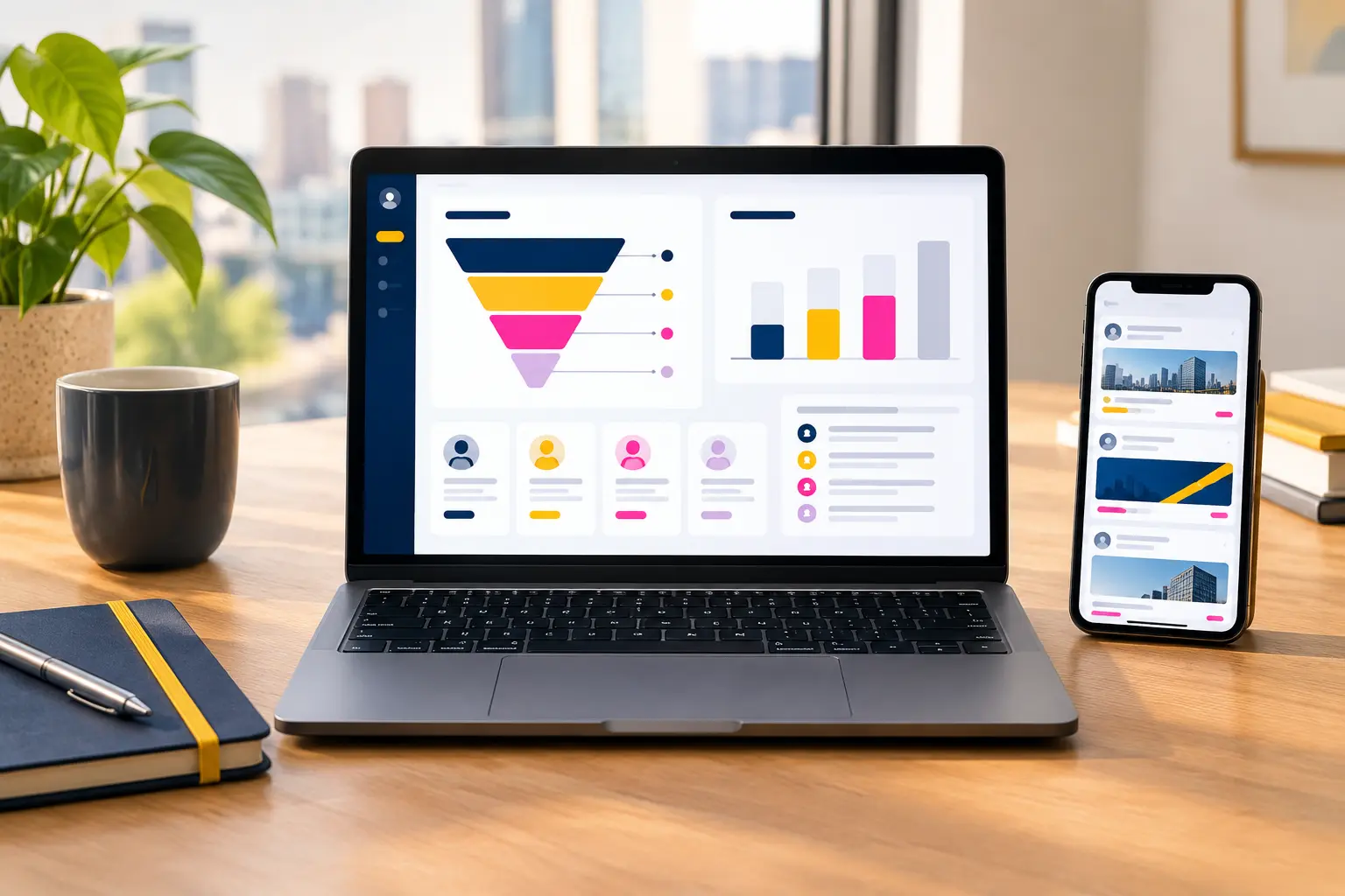 Laptop showing a B2B lead funnel dashboard beside a phone with a professional feed and a notebook