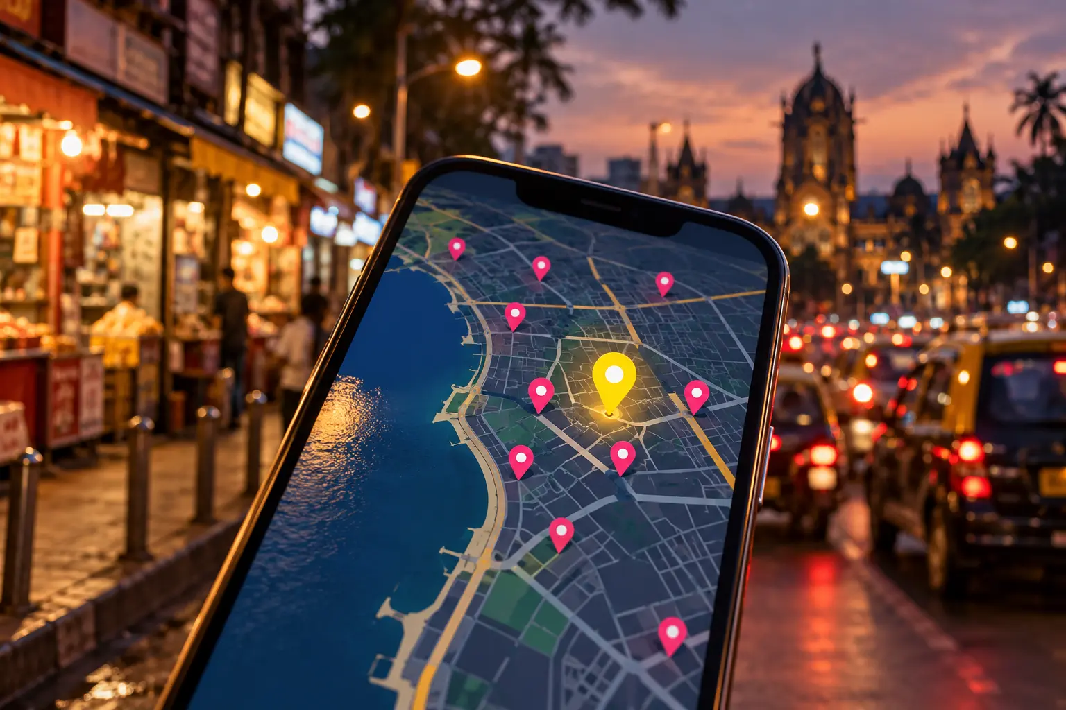 Smartphone showing a map with business pins on a busy Mumbai street at dusk, small shops in the background