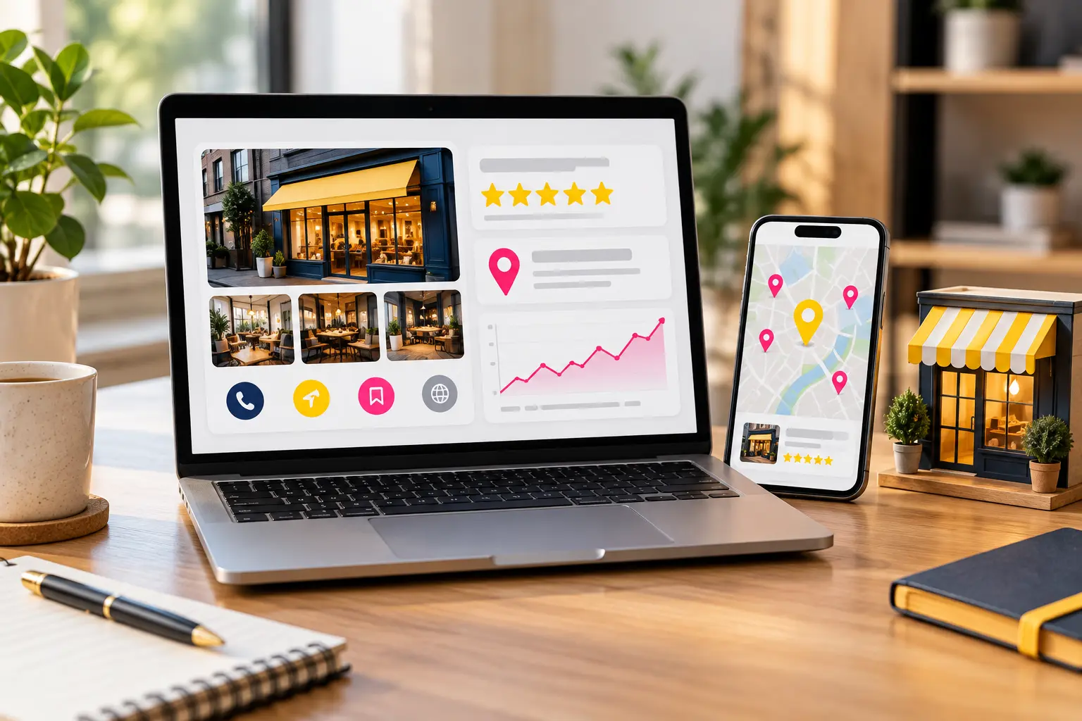 Laptop showing a business profile dashboard with a map pin, a phone with a map and a small storefront model