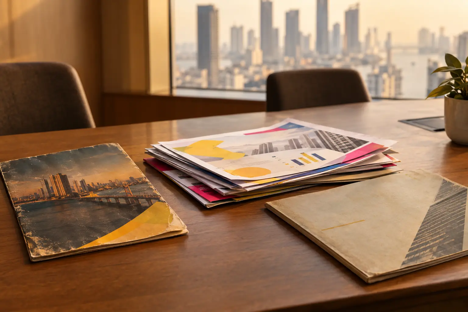 Meeting room table with a dated brochure, mismatched printed deck pages and an outdated company profile