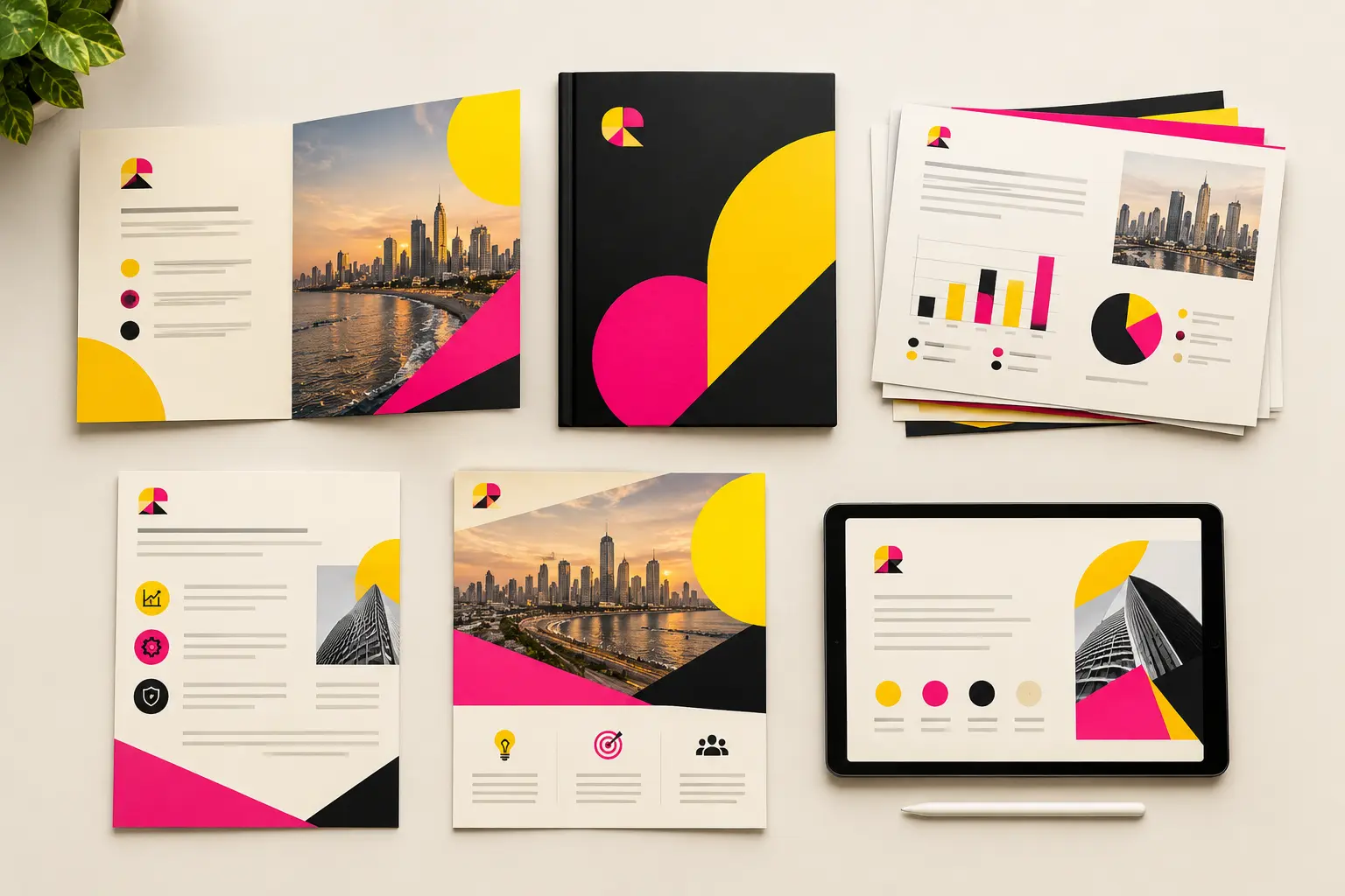 Flat lay of a brochure, company profile, sales deck pages and presentation slides sharing one consistent brand look