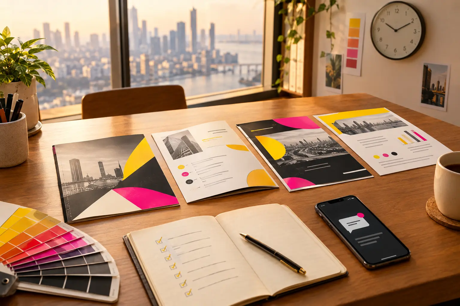 Tidy studio desk with printed brochure proofs, a swatch book, a phone showing a received reply and a wall clock