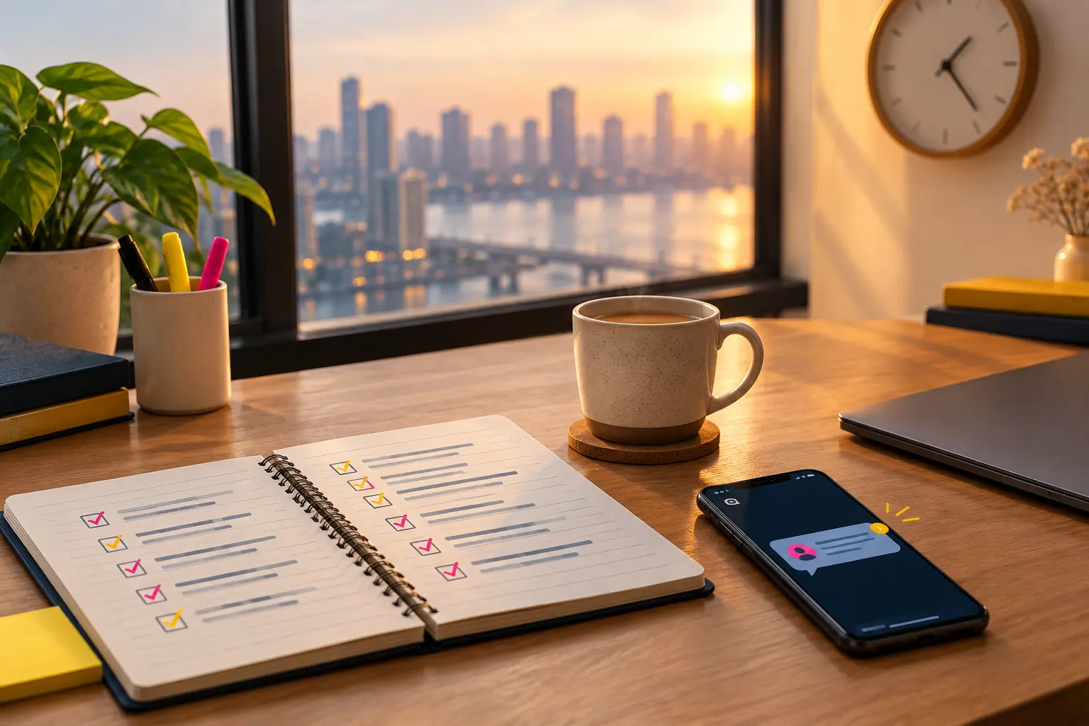 Tidy studio desk with a notebook checklist, a phone showing a received reply and a wall clock