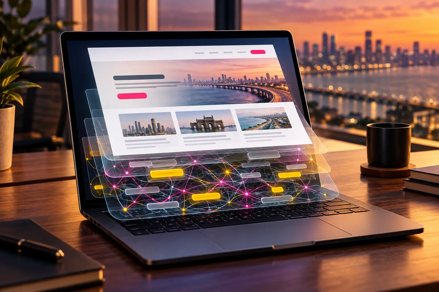 Laptop showing a clean web page with translucent layers beneath it revealing tangled link lines and misplaced keyword tags