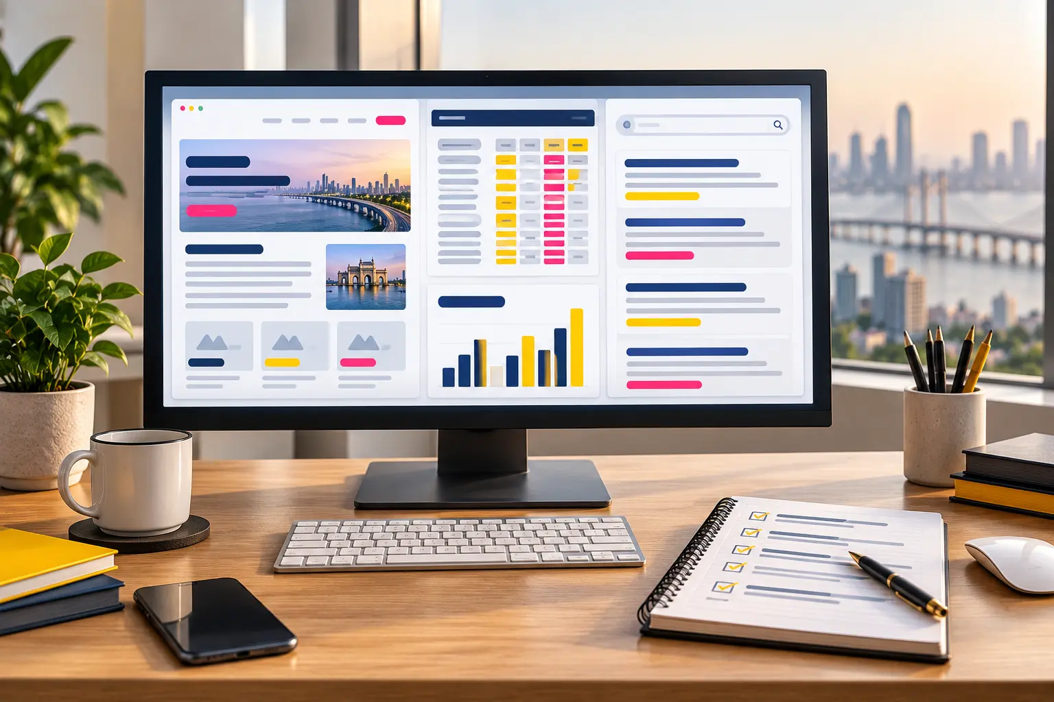 Monitor showing a page outline with headings, a keyword map table and a search snippet preview