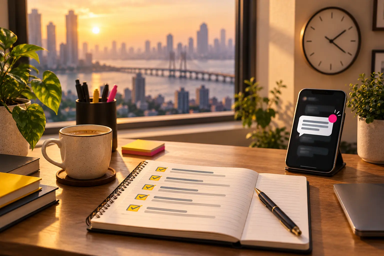 Tidy studio desk with a notebook checklist, a phone showing a received reply and a wall clock