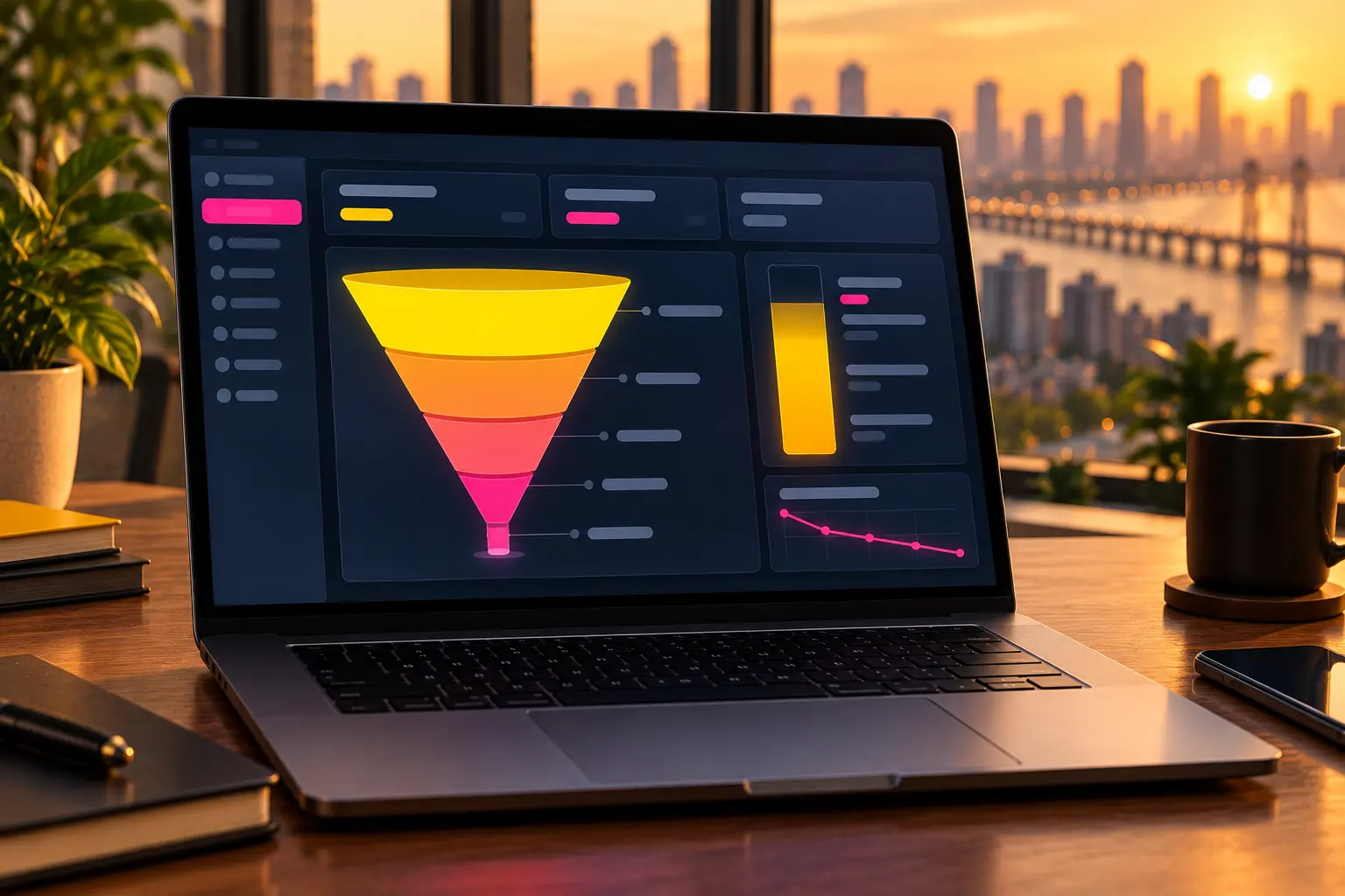Laptop showing an ads dashboard with a wide funnel of clicks narrowing to very few leads