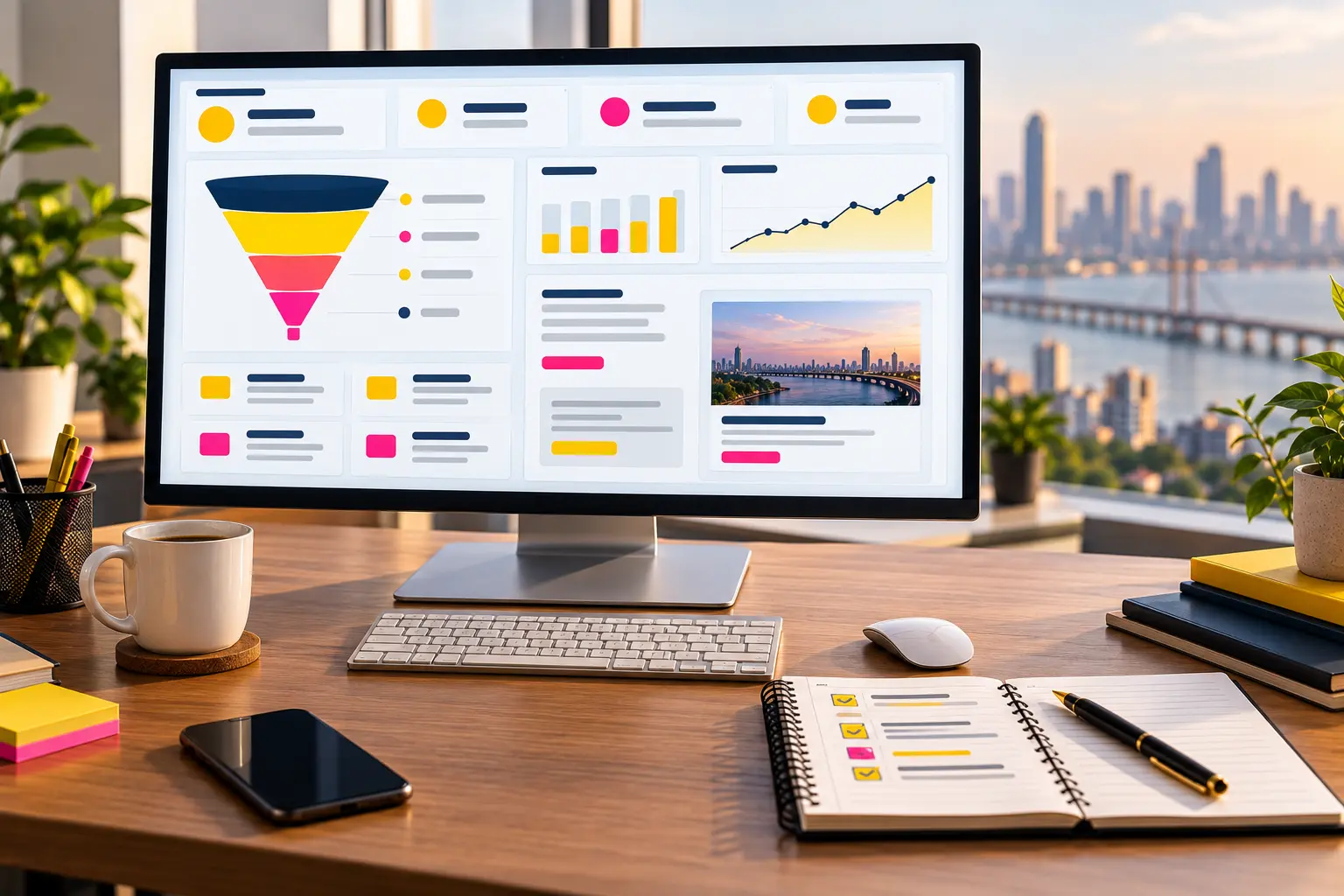 Monitor showing a search ads campaign dashboard with a funnel chart, budget bars and a landing page preview