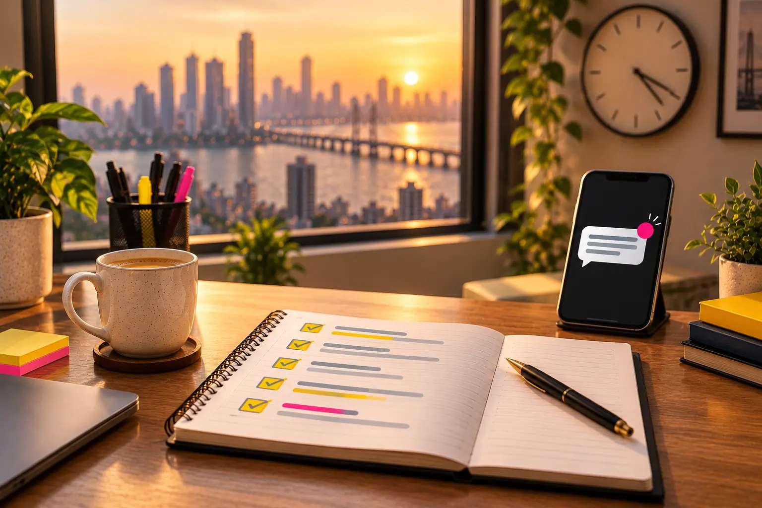 Tidy studio desk with a notebook checklist, a phone showing a received reply and a wall clock