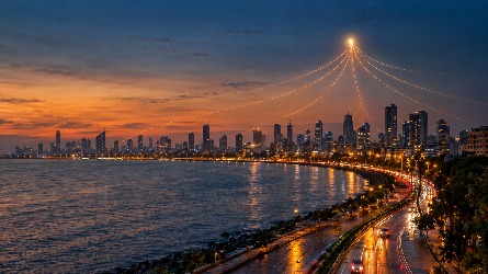 Mumbai seafront at dusk with glowing lines of light rising from the skyline