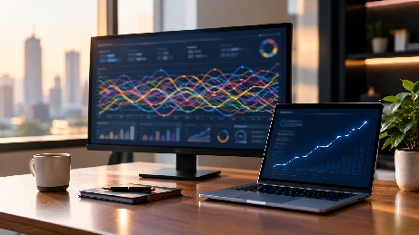 Marketing dashboard on a monitor and laptop showing campaign performance charts