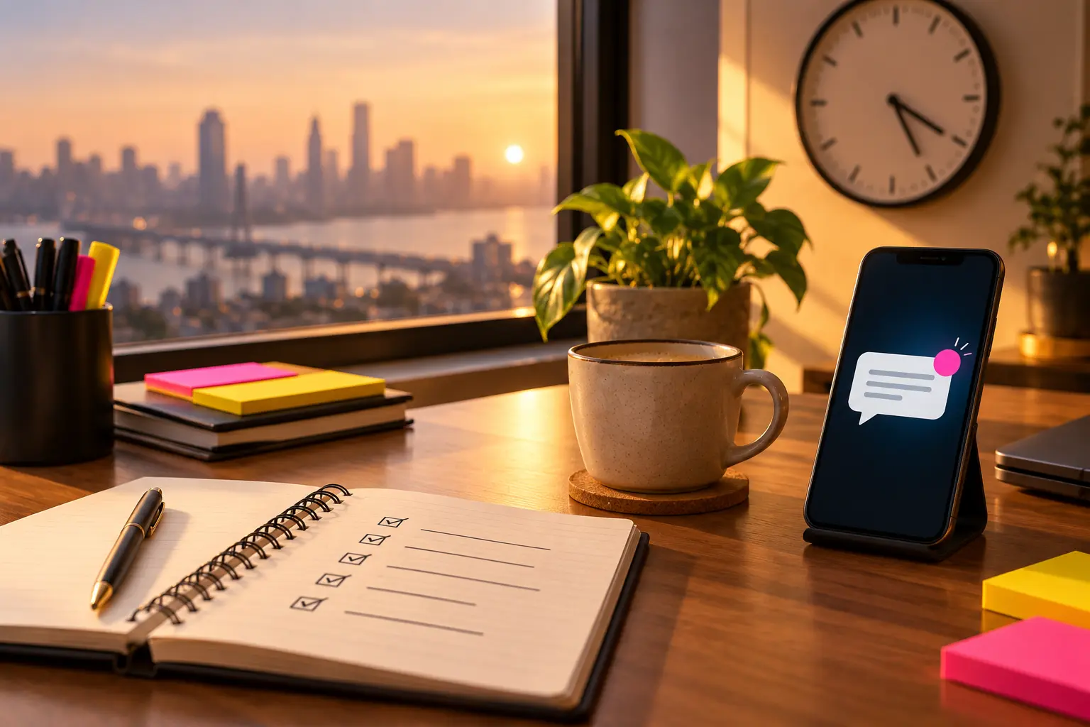 Tidy studio desk with a notebook checklist, a phone showing a received reply and a wall clock