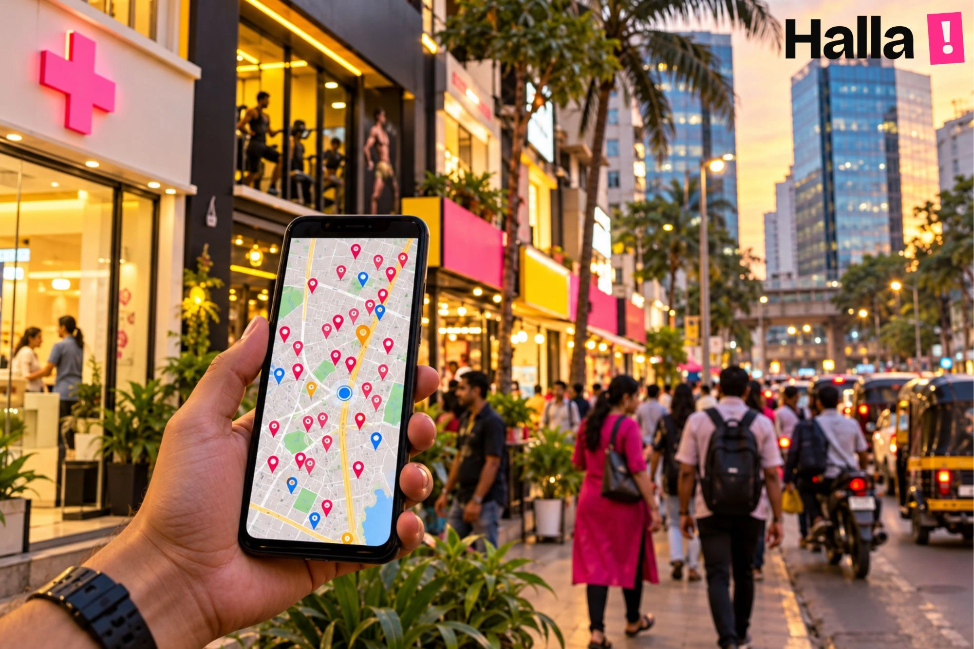 Smartphone showing a map crowded with business pins on an Andheri street, with small shops and office buildings in the background