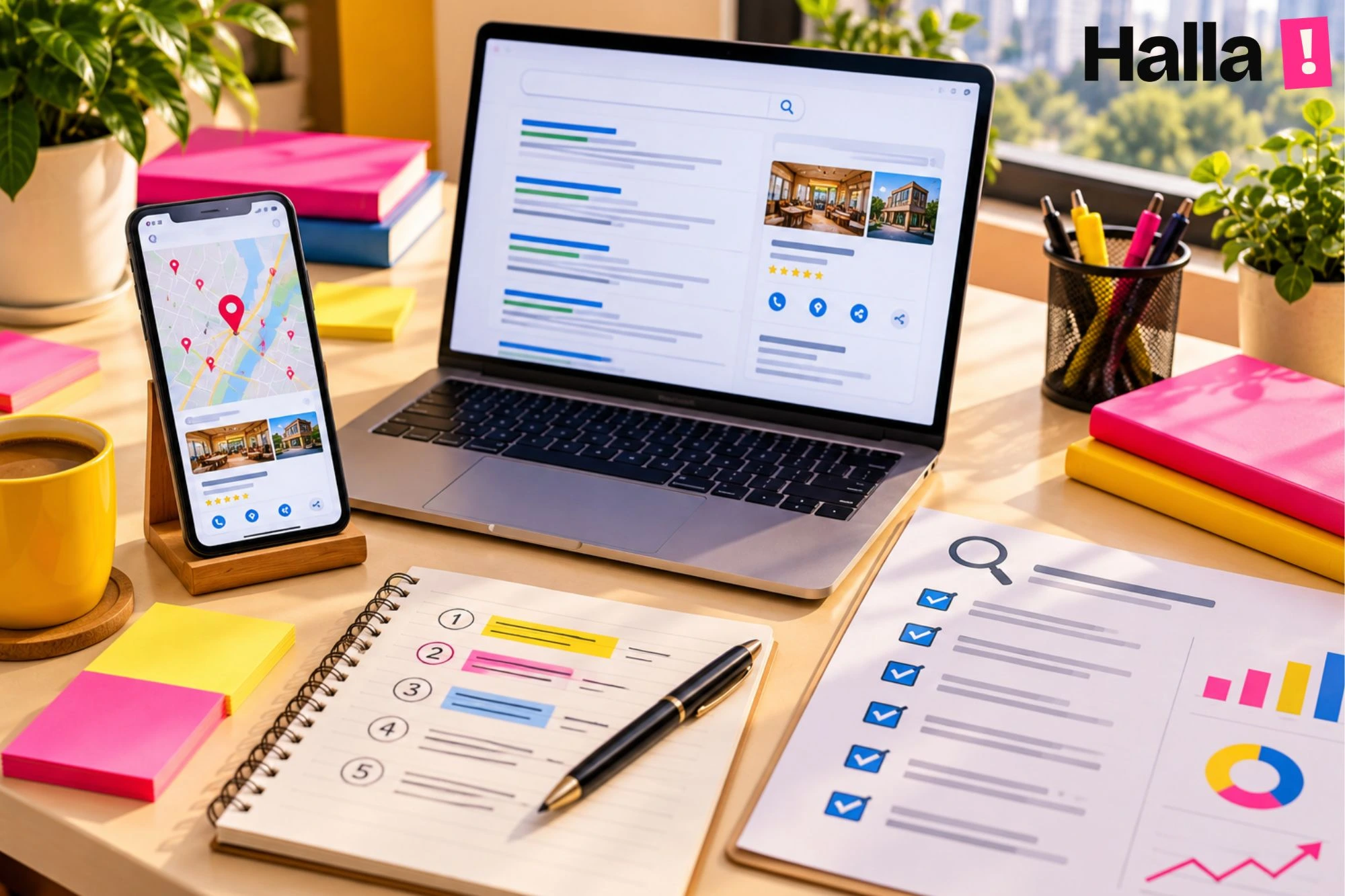 Laptop showing a search results page and site audit checklist next to a phone with a map pin and a notebook with an SEO action list
