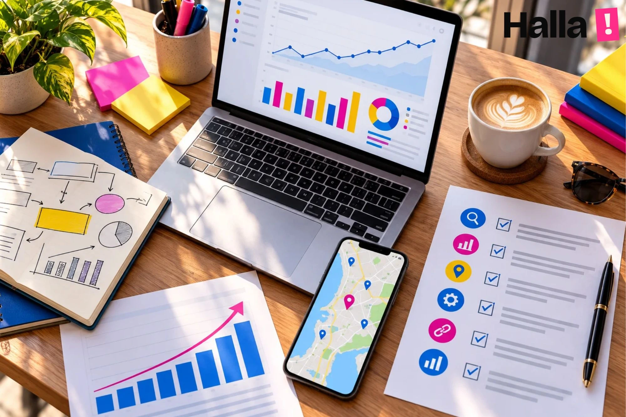 Strategist desk with a laptop showing a search performance chart, a phone with a map and pins, a printed audit checklist and colourful sticky notes