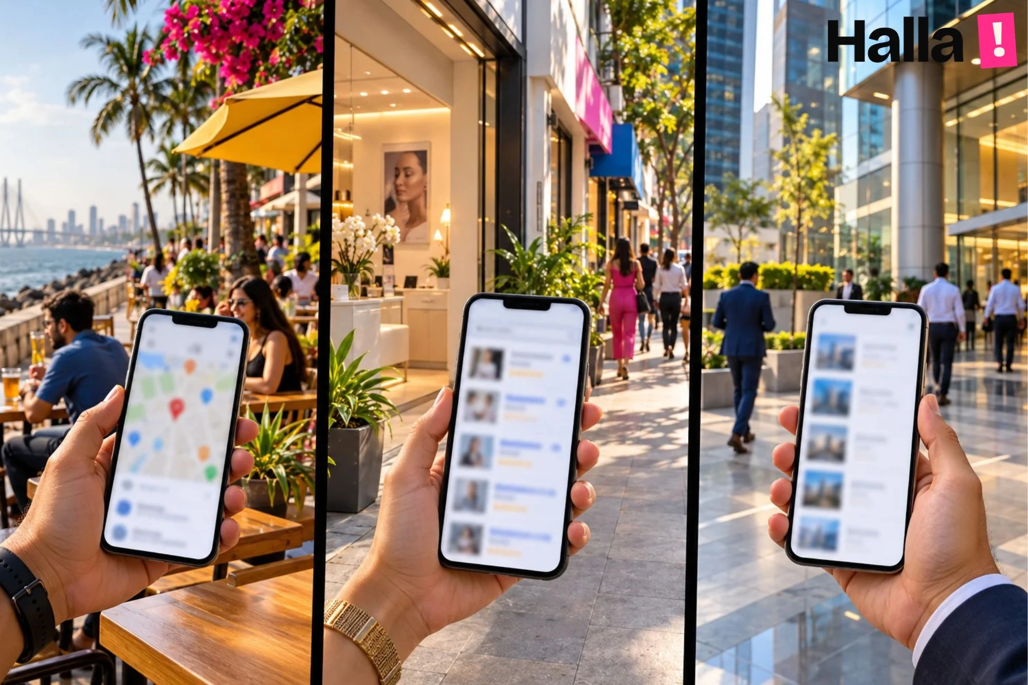 Three panel view of Bandra: a cafe terrace by the sea, a skin clinic on a busy lane and a glass office tower at Bandra Kurla Complex, each with a hand holding a phone showing search results