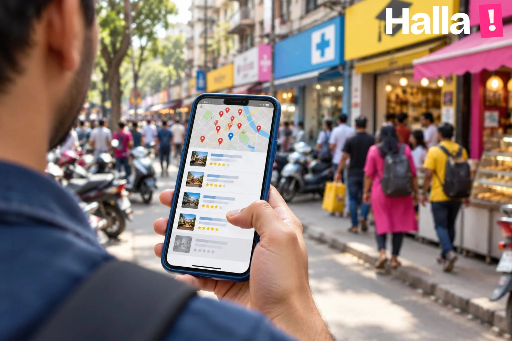 Hand holding a phone that shows a crowded map listing with many pins, in front of a busy Borivali street with clinics, a coaching institute, shops and eateries