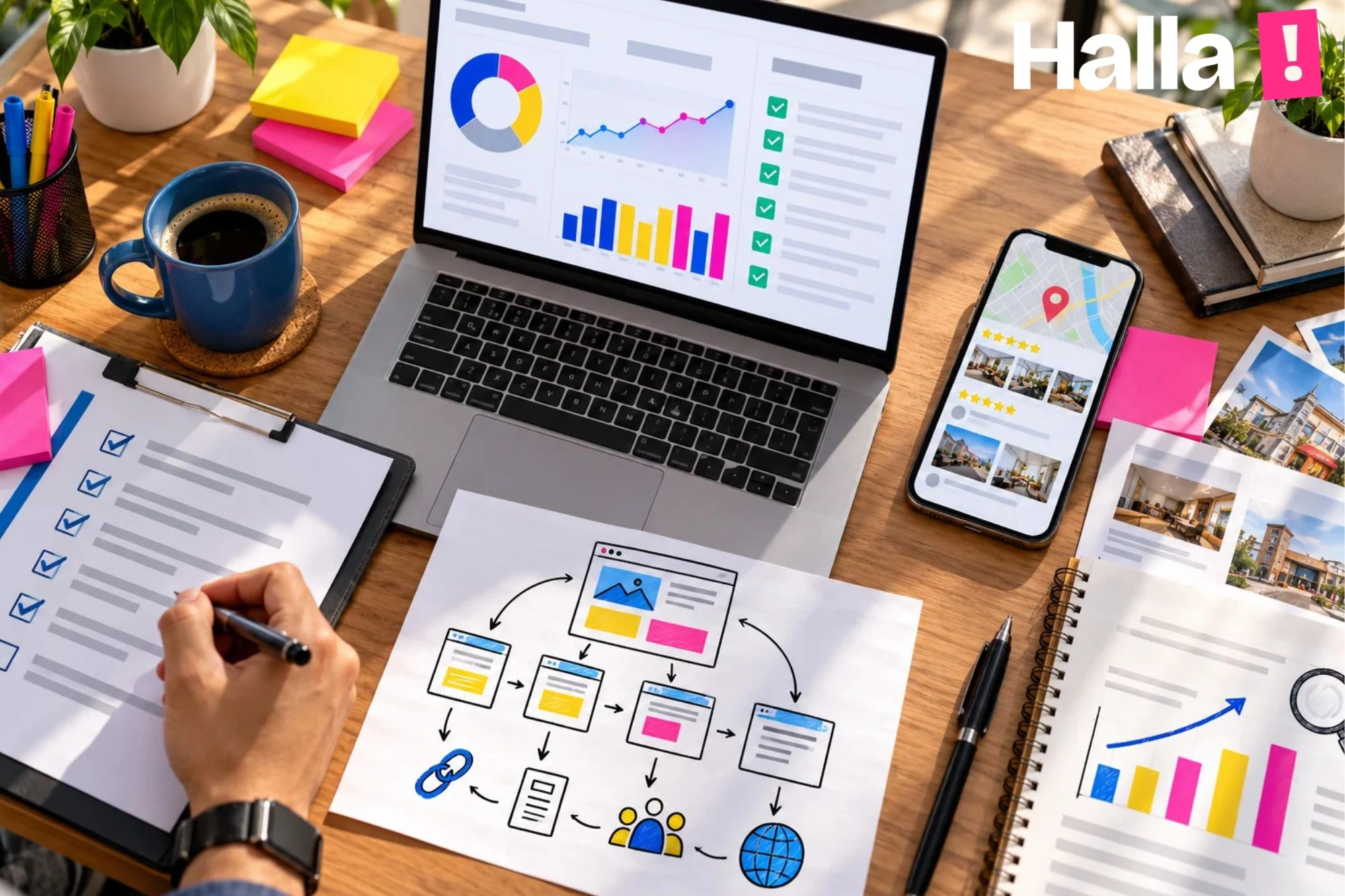 SEO specialist desk with a laptop showing a site audit report, a phone with a map listing, a printed audit checklist, a backlink diagram sketch and sticky notes