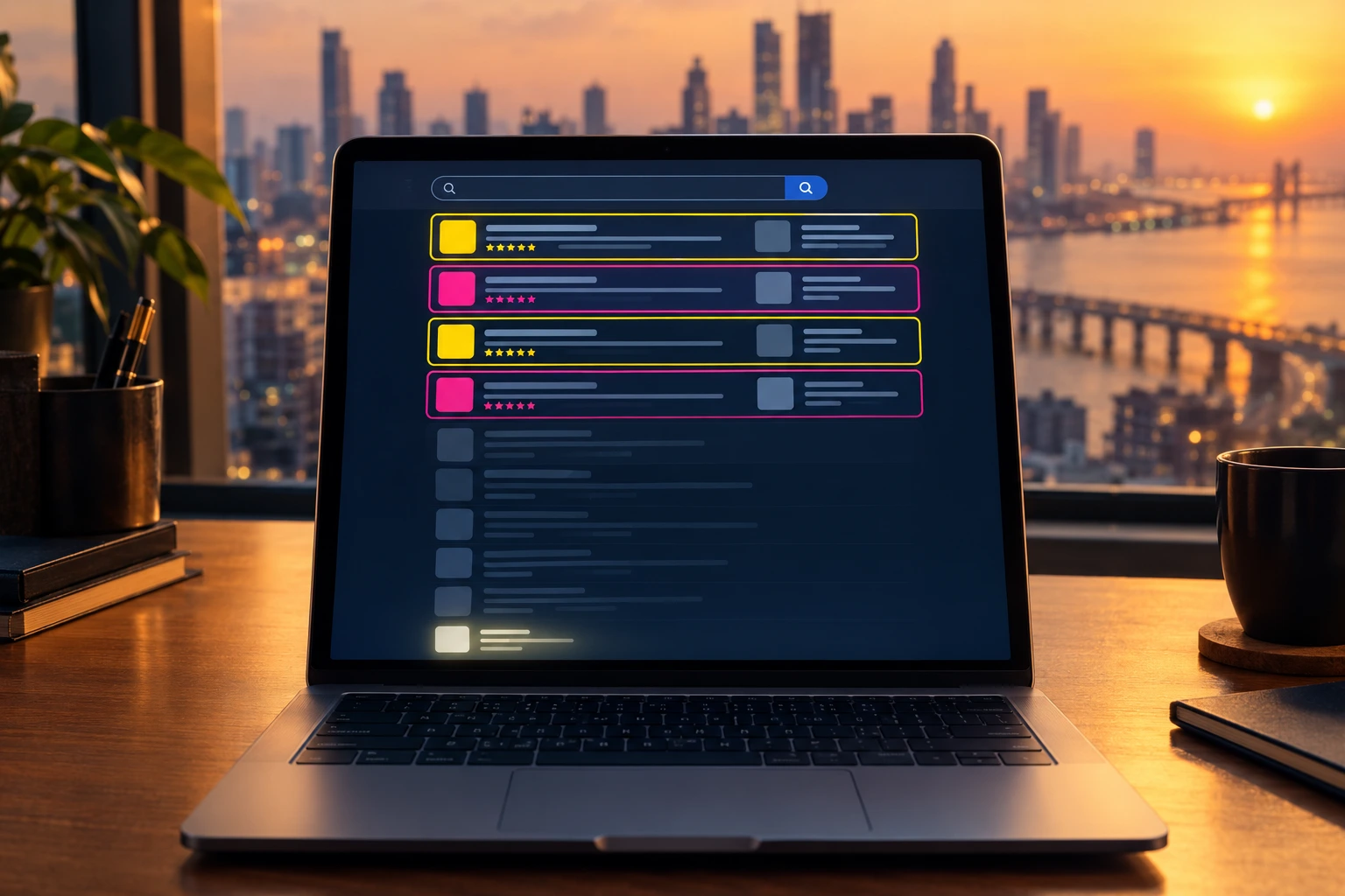 Laptop showing a search results page with competitor listings on top and one small listing buried at the bottom
