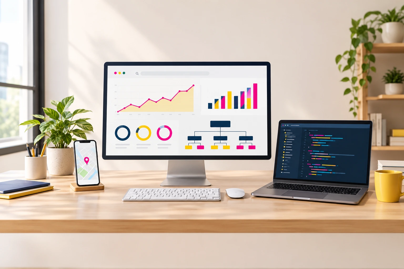 Workspace with an SEO dashboard on a monitor, a laptop and a phone showing a local map pin
