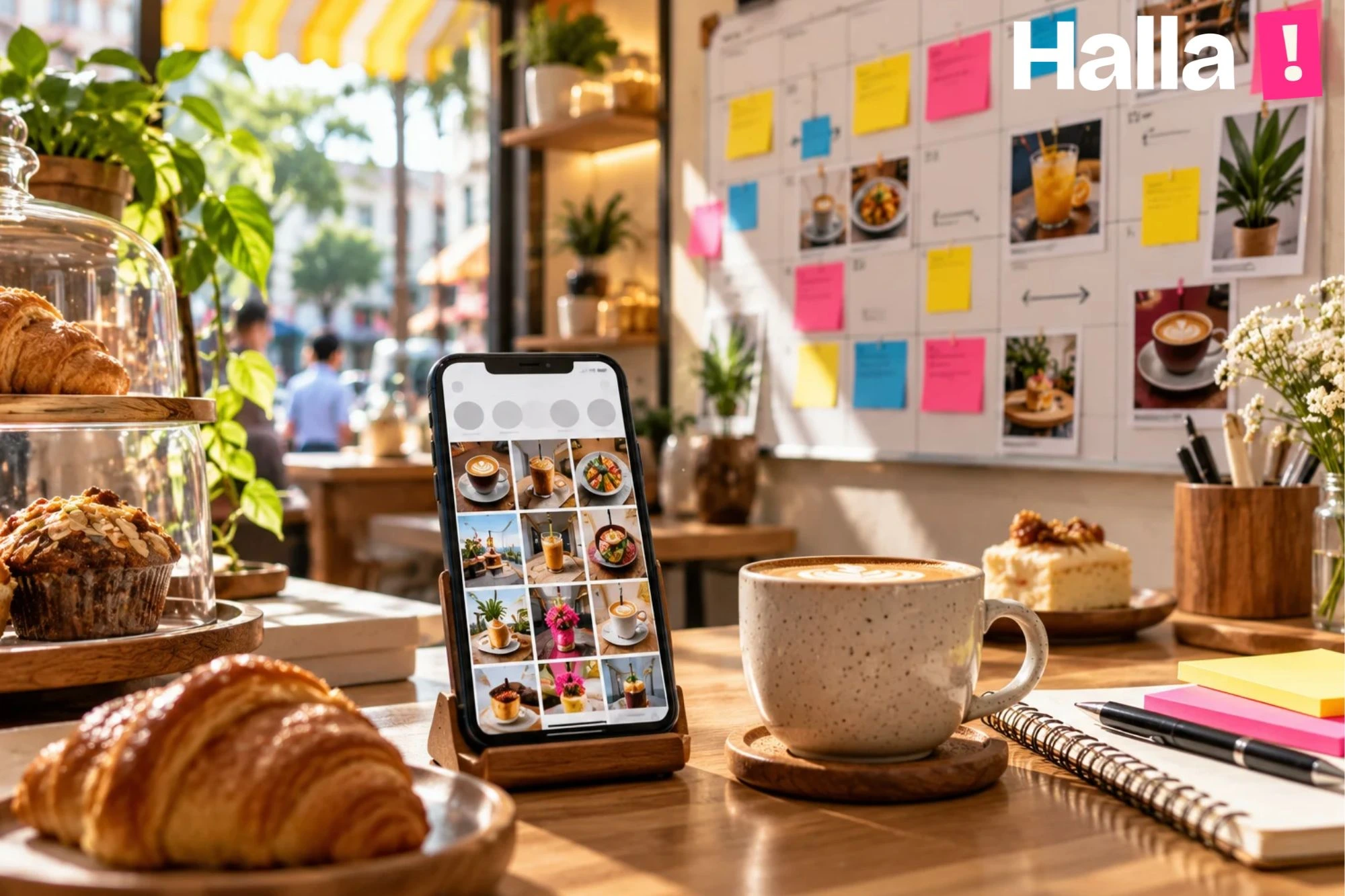 New Borivali cafe counter with a phone showing a polished social feed grid and a wall calendar full of colour coded content planning blocks behind it