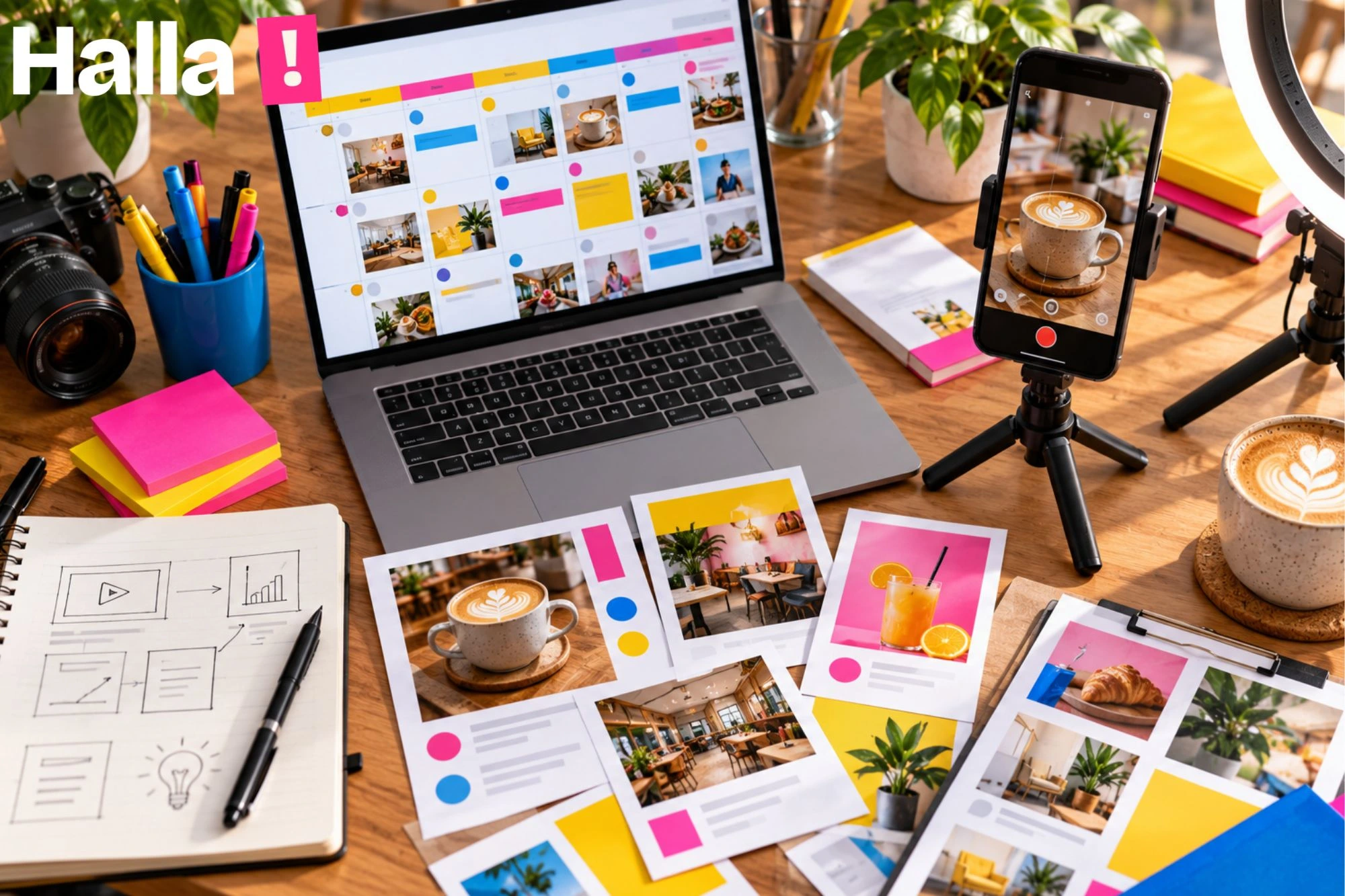 Creative studio desk with a laptop showing a content calendar, a phone filming a short reel, printed carousel layouts and a ring light