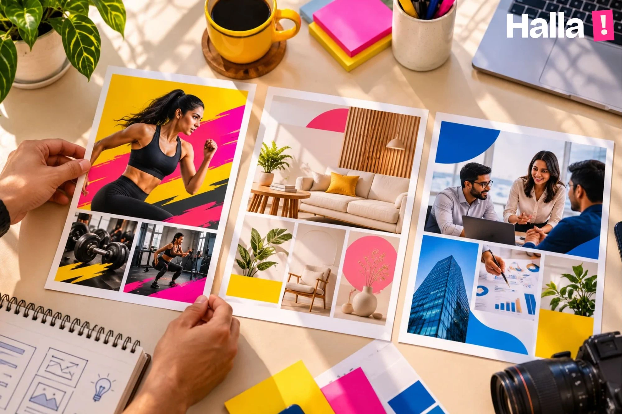 Three differently styled social posts for a gym, a design studio and a consultancy laid out side by side on a studio table