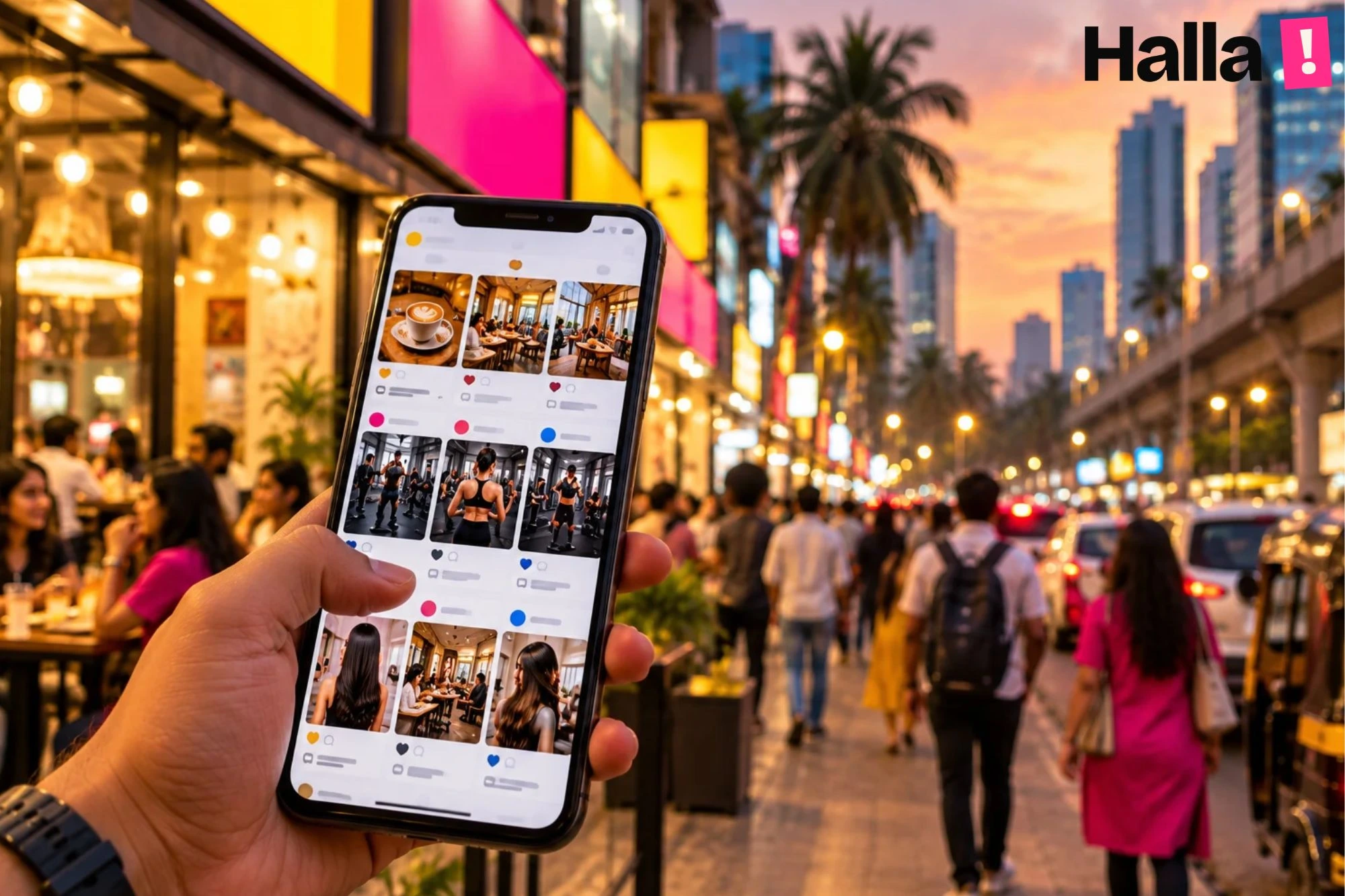 Hand scrolling a phone social feed full of similar cafe, gym and salon posts, with a lively Andheri street blurred in the background