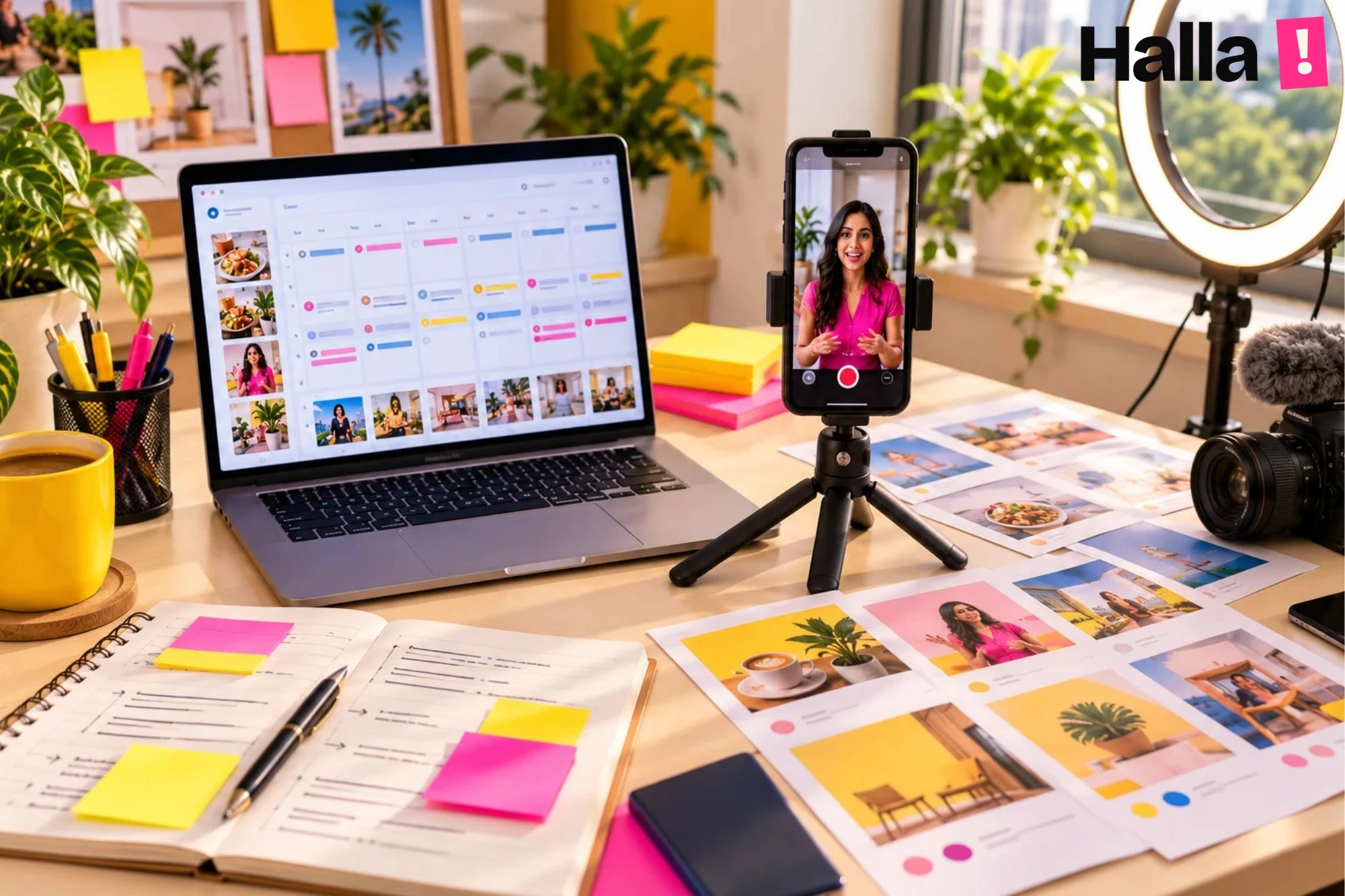 Creative studio desk with a laptop showing a content calendar, a phone filming a short reel, printed carousel layouts and a ring light
