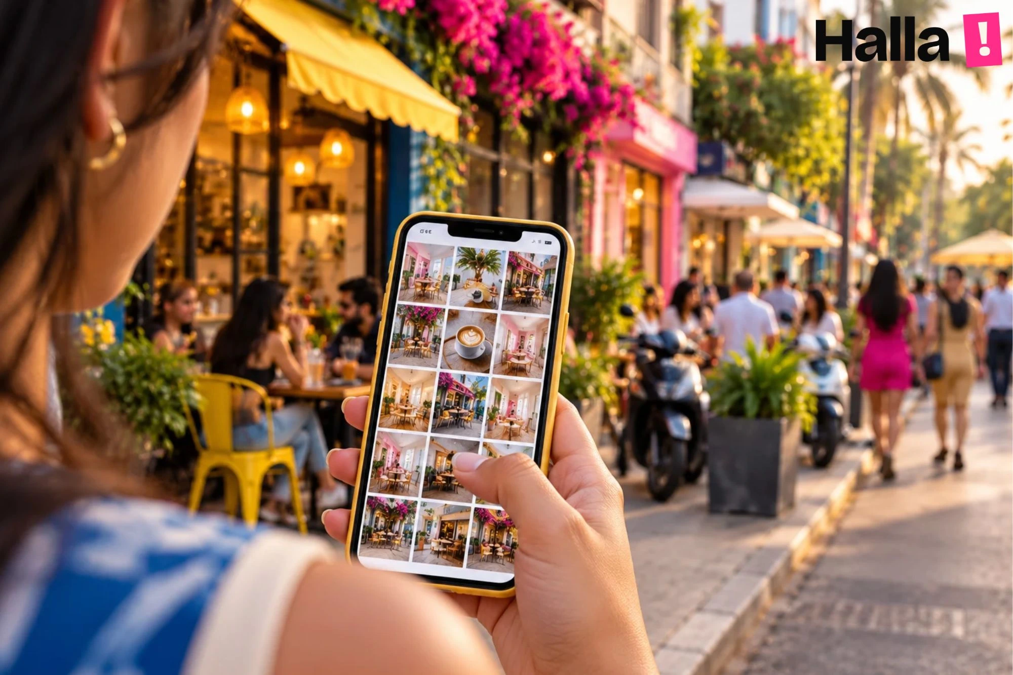 Hand holding a phone that shows a feed of near identical pretty cafe and boutique photos, with a photogenic Bandra lane blurred in the background